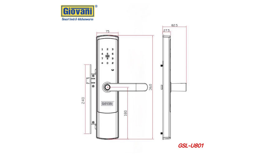 Kích thước của khóa cửa thông minh GSL-U801G